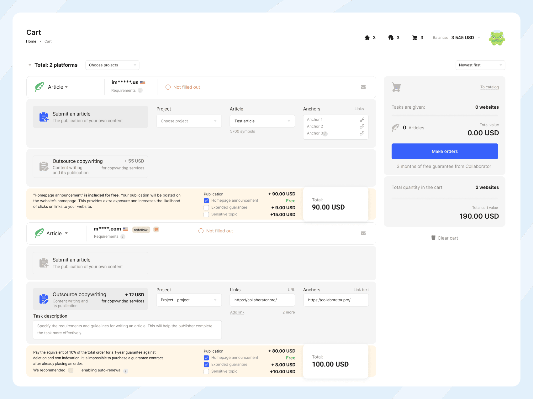 Страница корзины Collaborator с полями для заполнения заданий выбранным сайтам.
